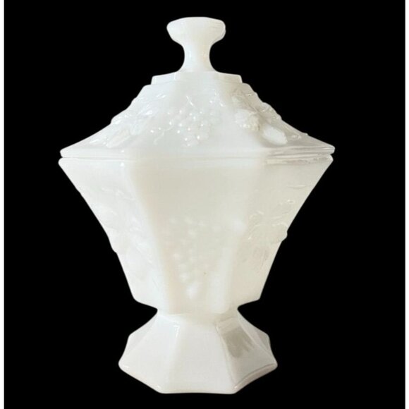 Vtg Milk Glass Lidded Candy Dish Embossed Grapes Leaves Smooth Glass Compote - Picture 3 of 13